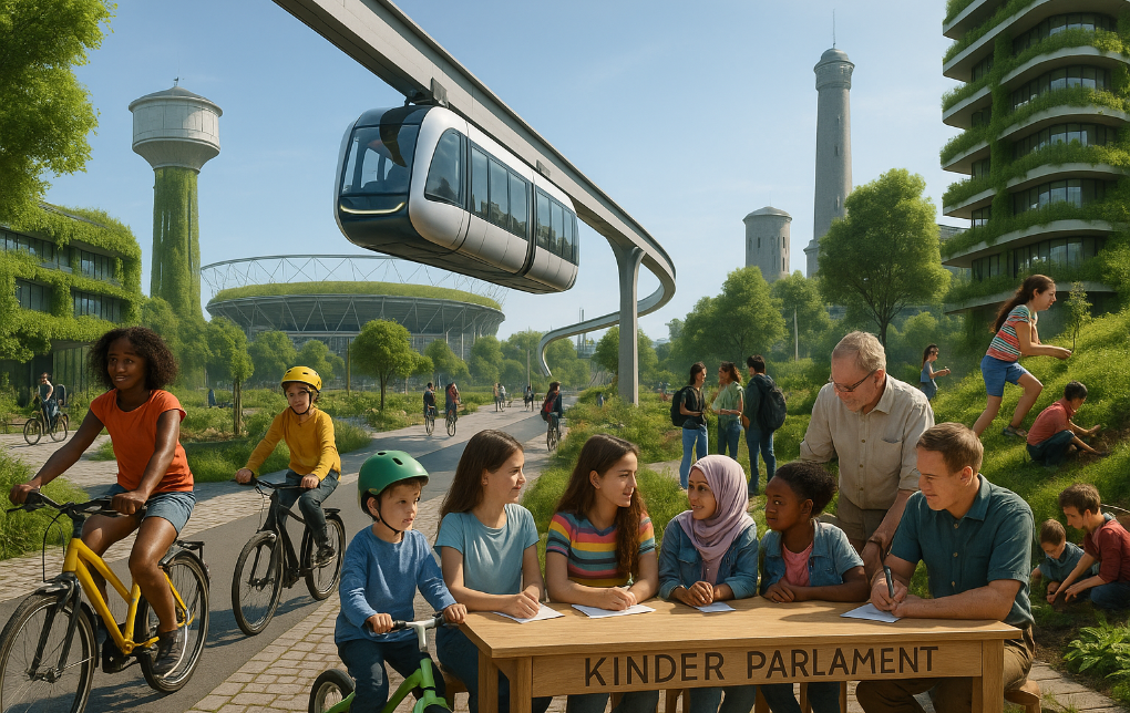 Name: BDKJ Leverkusen. Ich bin OB-Kandidat:in für die Stadt Leverkusen. Unter dem Motto „Mein Leverkusen der Zukunft“ möchte ich ein Bild gestalten, das meine Vision für eine kinder- und jugendfreundliche Stadt im Jahr 2035 zeigt. In meinem Leverkusen der Zukunft gibt es Orte, an denen Kinder und Jugendliche sich wohlfühlen und entfalten können – dazu gehören Orte der Kinder- und Jugendmitbestimmung. Kinder- und Jugendliche sind hier nicht nur nettes Beiwerk sondern ein fester Bestandteil der Gesellschaft. Kinder und Jugendliche starten alle mit den gleichen Chancen ins Leben.. Kinder und Jugendliche können eine gleichberechtigte Welt kennenlernen. Kulturelle, religiöse und sexuelle Vielfalt sind normal. Alle sind willkommen.. Überall sieht man Kinder- und Jugendliche spielen. Fahrräder haben als ökologisches Fortbewegungsmittel die Autos abgelöst und der ÖPNV ist pünktlich und attraktiv. und die Menschen setzen sich gegenseitig füreinander ein und engagieren sich ehrenamtlich.. Bitte erzeuge ein Bild von Leverkusen 2035 mit diesen Ideen: Leverkusen zeigt, wie aus einer Industriestadt eine moderne und ansprechende Metropole werden kann. Gleichberechtigung und soziale Gerechtigkeit prägt das Stadtbild. Kinderarmut wurde abgeschafft. Gebäude sind begrünt, Flächen entsiegelt.  Kinder- und Jugendliche sind ernstgenommener Bestandteil der Gesellschaft. An jeder Ecke gibt es Orte, an denen man sich gerne trifft. Die Busse und Bahnen fahren auch unter der Woche durch die Stadt, mit modernsten Technologien und intelligent angebunden. In jedem Stadtteil gibt es ansprechende Räume für Kinder- und Jugendarbeit.