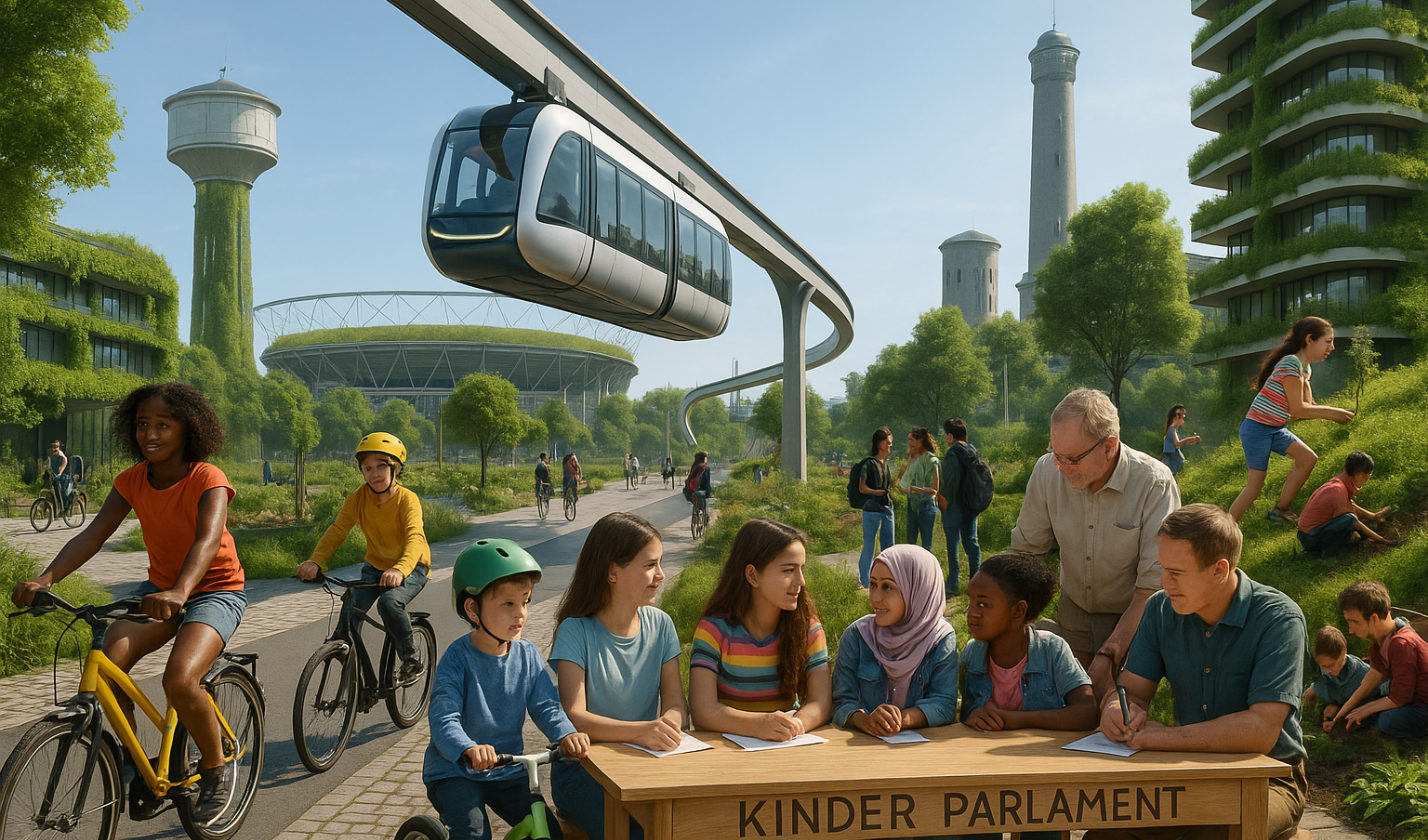 Name: BDKJ Leverkusen. Ich bin OB-Kandidat:in für die Stadt Leverkusen. Unter dem Motto „Mein Leverkusen der Zukunft“ möchte ich ein Bild gestalten, das meine Vision für eine kinder- und jugendfreundliche Stadt im Jahr 2035 zeigt. In meinem Leverkusen der Zukunft gibt es Orte, an denen Kinder und Jugendliche sich wohlfühlen und entfalten können – dazu gehören Orte der Kinder- und Jugendmitbestimmung. Kinder- und Jugendliche sind hier nicht nur nettes Beiwerk sondern ein fester Bestandteil der Gesellschaft. Kinder und Jugendliche starten alle mit den gleichen Chancen ins Leben.. Kinder und Jugendliche können eine gleichberechtigte Welt kennenlernen. Kulturelle, religiöse und sexuelle Vielfalt sind normal. Alle sind willkommen.. Überall sieht man Kinder- und Jugendliche spielen. Fahrräder haben als ökologisches Fortbewegungsmittel die Autos abgelöst und der ÖPNV ist pünktlich und attraktiv. und die Menschen setzen sich gegenseitig füreinander ein und engagieren sich ehrenamtlich.. Bitte erzeuge ein Bild von Leverkusen 2035 mit diesen Ideen: Leverkusen zeigt, wie aus einer Industriestadt eine moderne und ansprechende Metropole werden kann. Gleichberechtigung und soziale Gerechtigkeit prägt das Stadtbild. Kinderarmut wurde abgeschafft. Gebäude sind begrünt, Flächen entsiegelt.  Kinder- und Jugendliche sind ernstgenommener Bestandteil der Gesellschaft. An jeder Ecke gibt es Orte, an denen man sich gerne trifft. Die Busse und Bahnen fahren auch unter der Woche durch die Stadt, mit modernsten Technologien und intelligent angebunden. In jedem Stadtteil gibt es ansprechende Räume für Kinder- und Jugendarbeit.