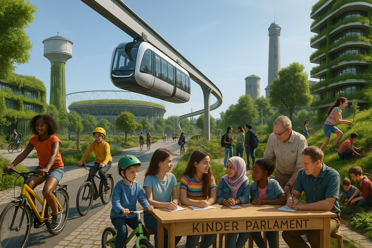 Name: BDKJ Leverkusen. Ich bin OB-Kandidat:in für die Stadt Leverkusen. Unter dem Motto „Mein Leverkusen der Zukunft“ möchte ich ein Bild gestalten, das meine Vision für eine kinder- und jugendfreundliche Stadt im Jahr 2035 zeigt. In meinem Leverkusen der Zukunft gibt es Orte, an denen Kinder und Jugendliche sich wohlfühlen und entfalten können – dazu gehören Orte der Kinder- und Jugendmitbestimmung. Kinder- und Jugendliche sind hier nicht nur nettes Beiwerk sondern ein fester Bestandteil der Gesellschaft. Kinder und Jugendliche starten alle mit den gleichen Chancen ins Leben.. Kinder und Jugendliche können eine gleichberechtigte Welt kennenlernen. Kulturelle, religiöse und sexuelle Vielfalt sind normal. Alle sind willkommen.. Überall sieht man Kinder- und Jugendliche spielen. Fahrräder haben als ökologisches Fortbewegungsmittel die Autos abgelöst und der ÖPNV ist pünktlich und attraktiv. und die Menschen setzen sich gegenseitig füreinander ein und engagieren sich ehrenamtlich.. Bitte erzeuge ein Bild von Leverkusen 2035 mit diesen Ideen: Leverkusen zeigt, wie aus einer Industriestadt eine moderne und ansprechende Metropole werden kann. Gleichberechtigung und soziale Gerechtigkeit prägt das Stadtbild. Kinderarmut wurde abgeschafft. Gebäude sind begrünt, Flächen entsiegelt.  Kinder- und Jugendliche sind ernstgenommener Bestandteil der Gesellschaft. An jeder Ecke gibt es Orte, an denen man sich gerne trifft. Die Busse und Bahnen fahren auch unter der Woche durch die Stadt, mit modernsten Technologien und intelligent angebunden. In jedem Stadtteil gibt es ansprechende Räume für Kinder- und Jugendarbeit.