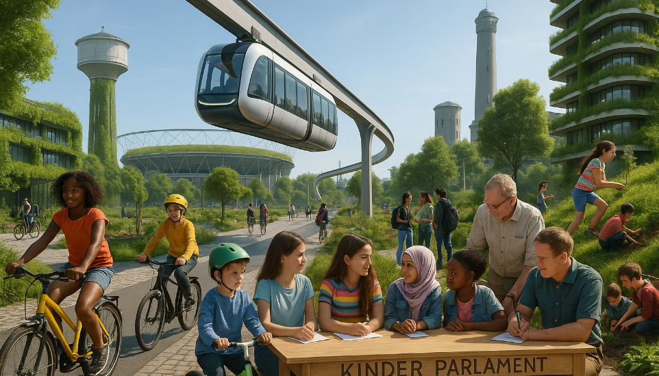 Name: BDKJ Leverkusen. Ich bin OB-Kandidat:in für die Stadt Leverkusen. Unter dem Motto „Mein Leverkusen der Zukunft“ möchte ich ein Bild gestalten, das meine Vision für eine kinder- und jugendfreundliche Stadt im Jahr 2035 zeigt. In meinem Leverkusen der Zukunft gibt es Orte, an denen Kinder und Jugendliche sich wohlfühlen und entfalten können – dazu gehören Orte der Kinder- und Jugendmitbestimmung. Kinder- und Jugendliche sind hier nicht nur nettes Beiwerk sondern ein fester Bestandteil der Gesellschaft. Kinder und Jugendliche starten alle mit den gleichen Chancen ins Leben.. Kinder und Jugendliche können eine gleichberechtigte Welt kennenlernen. Kulturelle, religiöse und sexuelle Vielfalt sind normal. Alle sind willkommen.. Überall sieht man Kinder- und Jugendliche spielen. Fahrräder haben als ökologisches Fortbewegungsmittel die Autos abgelöst und der ÖPNV ist pünktlich und attraktiv. und die Menschen setzen sich gegenseitig füreinander ein und engagieren sich ehrenamtlich.. Bitte erzeuge ein Bild von Leverkusen 2035 mit diesen Ideen: Leverkusen zeigt, wie aus einer Industriestadt eine moderne und ansprechende Metropole werden kann. Gleichberechtigung und soziale Gerechtigkeit prägt das Stadtbild. Kinderarmut wurde abgeschafft. Gebäude sind begrünt, Flächen entsiegelt.  Kinder- und Jugendliche sind ernstgenommener Bestandteil der Gesellschaft. An jeder Ecke gibt es Orte, an denen man sich gerne trifft. Die Busse und Bahnen fahren auch unter der Woche durch die Stadt, mit modernsten Technologien und intelligent angebunden. In jedem Stadtteil gibt es ansprechende Räume für Kinder- und Jugendarbeit.