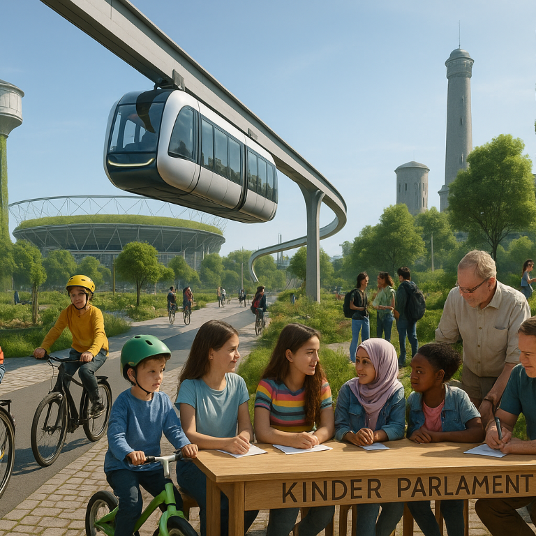 Name: BDKJ Leverkusen. Ich bin OB-Kandidat:in für die Stadt Leverkusen. Unter dem Motto „Mein Leverkusen der Zukunft“ möchte ich ein Bild gestalten, das meine Vision für eine kinder- und jugendfreundliche Stadt im Jahr 2035 zeigt. In meinem Leverkusen der Zukunft gibt es Orte, an denen Kinder und Jugendliche sich wohlfühlen und entfalten können – dazu gehören Orte der Kinder- und Jugendmitbestimmung. Kinder- und Jugendliche sind hier nicht nur nettes Beiwerk sondern ein fester Bestandteil der Gesellschaft. Kinder und Jugendliche starten alle mit den gleichen Chancen ins Leben.. Kinder und Jugendliche können eine gleichberechtigte Welt kennenlernen. Kulturelle, religiöse und sexuelle Vielfalt sind normal. Alle sind willkommen.. Überall sieht man Kinder- und Jugendliche spielen. Fahrräder haben als ökologisches Fortbewegungsmittel die Autos abgelöst und der ÖPNV ist pünktlich und attraktiv. und die Menschen setzen sich gegenseitig füreinander ein und engagieren sich ehrenamtlich.. Bitte erzeuge ein Bild von Leverkusen 2035 mit diesen Ideen: Leverkusen zeigt, wie aus einer Industriestadt eine moderne und ansprechende Metropole werden kann. Gleichberechtigung und soziale Gerechtigkeit prägt das Stadtbild. Kinderarmut wurde abgeschafft. Gebäude sind begrünt, Flächen entsiegelt.  Kinder- und Jugendliche sind ernstgenommener Bestandteil der Gesellschaft. An jeder Ecke gibt es Orte, an denen man sich gerne trifft. Die Busse und Bahnen fahren auch unter der Woche durch die Stadt, mit modernsten Technologien und intelligent angebunden. In jedem Stadtteil gibt es ansprechende Räume für Kinder- und Jugendarbeit.